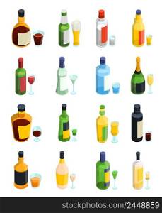 Colored isometric alcohol icon set with isolated bottles and different kinds of glass goblets vector illustration. Colored Isometric Alcohol Icon Set