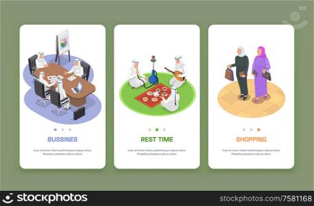 Colored isometric banners set with arab people working resting and doing shopping 3d isolated vector illustration