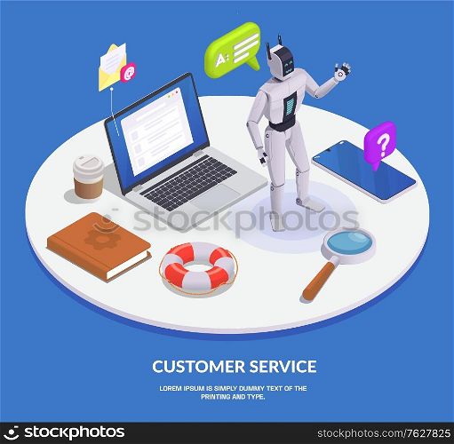 Colored isometric customer service composition with service elements and call center tools vector illustration