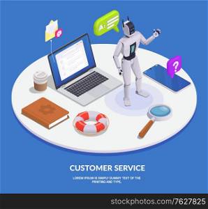 Colored isometric customer service composition with service elements and call center tools vector illustration