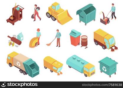 Colored isometric icons set with sweepers garbage and sweeping cars trash containers tools for cleaning streets 3d isolated vector illustration
