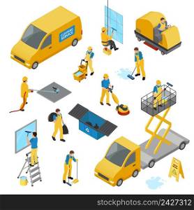 Colored isometric industrial cleaning icon set with people in yellow work uniform vector illustration. Isometric Industrial Cleaning Icon Set