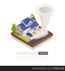 Colored isometric natural disaster composition with hurricane description and read more button vector illustration