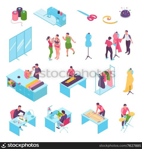 Colored isometric sewing studio color icon set with dress on a mannequin scissors sewing machine thread fitting vector illustration