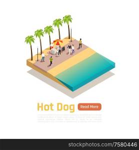 Colored isometric street carts trucks composition with hot dog cafe on wheels vector illustration