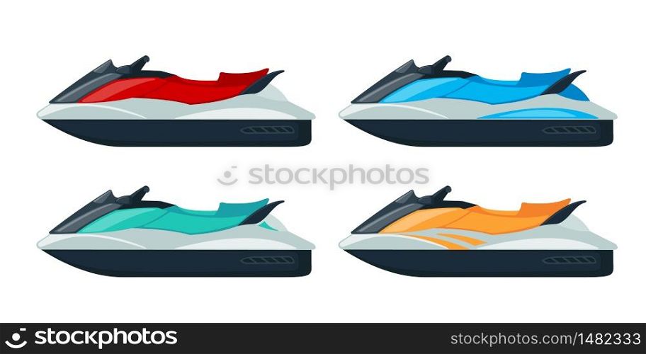 Colored Jet scooter icons set in flat style isolated on white background. Cartoon water bike. Vector illustration.. Colored Jet scooter icons set in flat style isolated on white background.