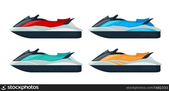 Colored Jet scooter icons set in flat style isolated on white background. Cartoon water bike. Vector illustration.. Colored Jet scooter icons set in flat style isolated on white background.