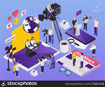 Colored journalistis reporters news media isometric icon set with cup of coffee camera operator producer and journalists vector illustration