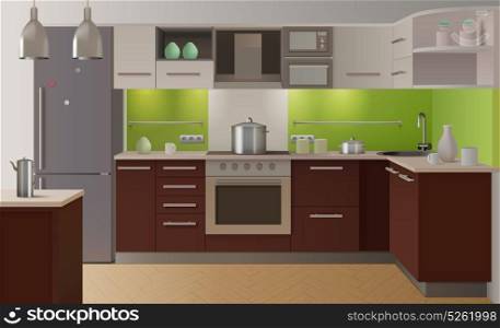 Colored Kitchen Interior. Colored kitchen interior fully equipped in modern style with green color and wooden doors vector illustration
