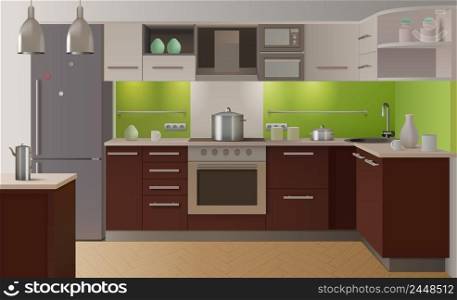 Colored kitchen interior fully equipped in modern style with green color and wooden doors vector illustration. Colored Kitchen Interior