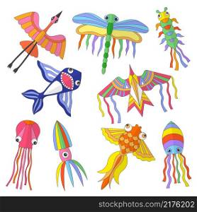 Colored kites. Funny flying animals spring and summer outdoor attractions for kids recent vector flat illustrations isolated. Funny kite toy, cartoon fly hobby. Colored kites. Funny flying animals spring and summer outdoor attractions for kids recent vector flat illustrations isolated