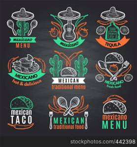 Colored labels of mexican symbols on black chalkboard. Vector emblems with place for your text. Mexican restaurant label menu, traditional emblem mexican cuisine illustration. Colored labels of mexican symbols on black chalkboard. Vector emblems with place for your text