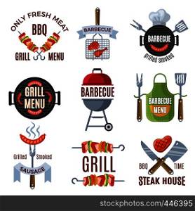 Colored labels set for bbq party. Grilled food barbecue steak, bbq menu sign, vector illustration. Colored labels set for bbq party. Grilled food