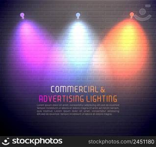 Colored light effects for commercial using and advertising illumination poster on brick wall background vector illustration. Colored Light Effects Poster