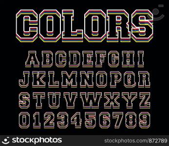 Colored lines alphabet template. Letters and numbers line design. Vector illustration.. Colored lines alphabet template. Letters and numbers line design