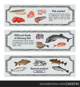 Colored marine food horizontal banners with text different kinds of fishes and sea products vector illustration. Colored Marine Food Horizontal Banners