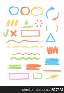 Colored marker highlights. Drawing strokes elements round and square frames transparent stripped lines scribble vector templates. Stroke marker highlight, brush drawn underline illustration. Colored marker highlights. Drawing strokes elements round and square frames transparent stripped lines scribble vector templates