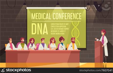 Colored medical conference banner with speaker and participants in the conference room vector illustration