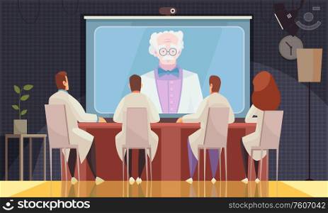 Colored medical conference composition with three scientists or doctors listen speaker online vector illustration