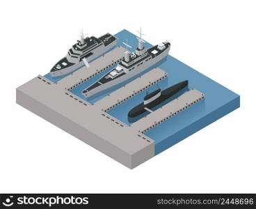 Colored military boats isometric 3d composition with ships moored near the shore vector illustration. Military Boats Isometric Composition