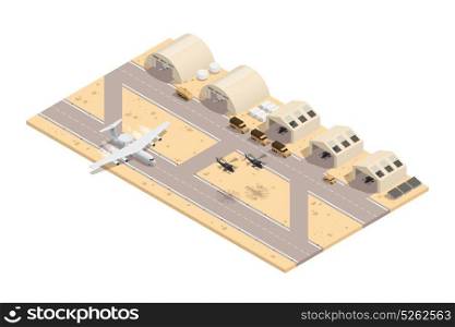 Colored Military Isometric Composition. Colored military isometric composition in beige colors with runway great location for a military base vector illustration
