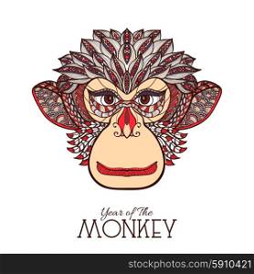 Colored monkey front view face hand drawn sketch vector illustration. Monkey Color Face