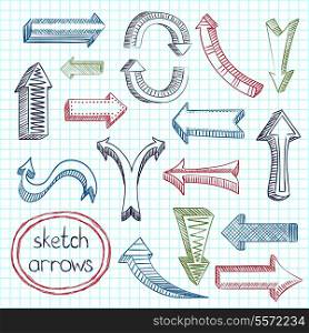Colored navigation arrows on squared notebook background sketch pencil drawing icons set flat isolated vector illustration