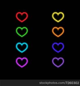 Colored neon hearts on a black background. Vector illustration .. Colored neon hearts .