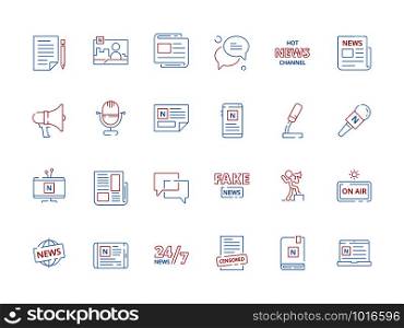 Colored news icons. Paper magazine newspaper online articles media announce source vector symbols. Illustration of newspaper publish, publication fake correspondence, outline icon. Colored news icons. Paper magazine newspaper online articles media announce source vector symbols