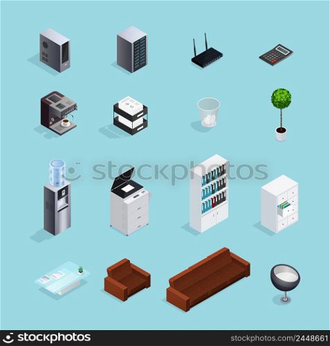 Colored office supplies isometric icon set with tools creating atmosphere in the office vector illustration. Colored Office Supplies Isometric Icon Set