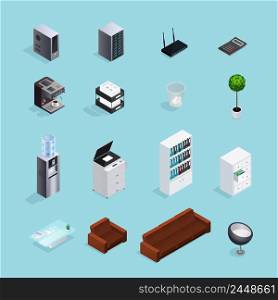Colored office supplies isometric icon set with tools creating atmosphere in the office vector illustration. Colored Office Supplies Isometric Icon Set