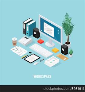 Colored Office Workspace Isometric Composition. Colored 3d office workspace isometric composition with neatly folded tools on table vector illustration