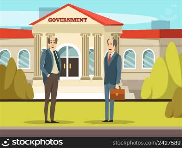 Colored orthogonal municipal buildings composition government with two smiling employers in suits vector illustration. Colored Municipal Buildings Composition