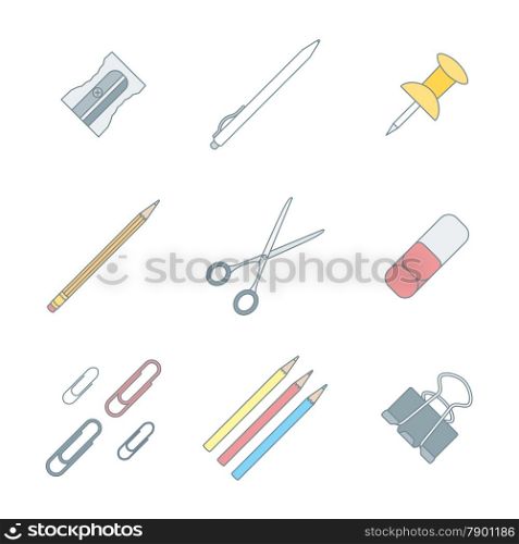 colored outline various stationery icons set. vector colored outline various stationery icons set white background