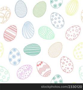 Colored painted decorated Easter eggs seamless pattern. Background with eggs linear drawing. Template for celebratory paper, fabric and design vector illustration. Colored painted decorated Easter eggs seamless pattern