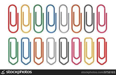 Colored paper clips. Fasteners document sheets realistic clip, office organized, color metal school stationery, announcement holders, paperclips collection. Vector isolated on white background set. Colored paper clips. Fasteners document sheets realistic clip, office organized, color metal school stationery, announcement holders, paperclips collection. Vector isolated set