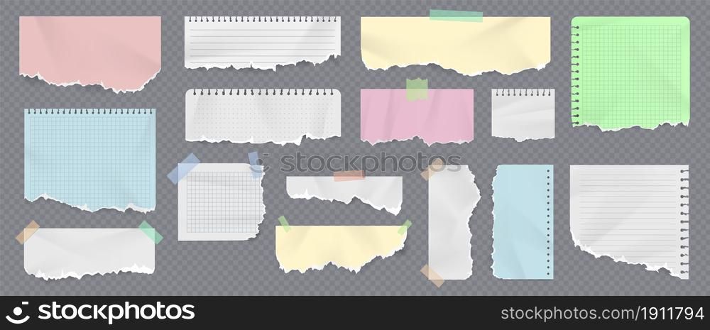 Colored paper notebook strips and pages with ripped edges. Realistic torn copybook pieces with duct tape. Crumpled sticky notes vector set. Crumpled and damaged fragments for memos. Colored paper notebook strips and pages with ripped edges. Realistic torn copybook pieces with duct tape. Crumpled sticky notes vector set