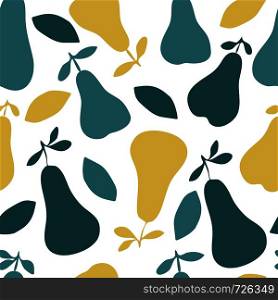 Colored pears seamless pattern on white background. Funny design for fabric, textile print, wrapping paper, children textile. Vector illustration. Sweet yellow pear seamless pattern. Funny design