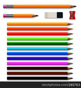 Colored pencils, eraser and sharpener isolated on white vector set. Colored pencils and eraser, school tools crayons illustration. Colored pencils, eraser and sharpener isolated on white vector set