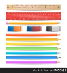 Colored Pencils, Eraser, Measuring Ruler Isolated Set Vector. Realistic School Tools Isolated On White Illustration. Colored Pencils, Eraser, Measuring Ruler Isolated Set Vector. Realistic School Tools Isolated On White