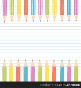 Colored Pencils on notebook sheet with White Space for Message.. Colored Pencils on notebook sheet with White Space for Message. Vector Illustration