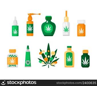 Colored pharmacy cannabis composition in flat style with different types of drugs and methods of using vector illustration. Pharmacy Cannabis Composition
