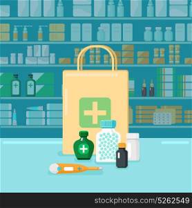 Colored Pharmacy Concept. Colored flat pharmacy concept with buying in firm package on background of shop windows with medications vector illustration