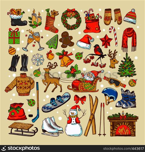 Colored pictures of christmas toys and specific objects of winter season. Winter christmas holiday, xmas tree and gift to new year. Vector illustration. Colored pictures of christmas toys and specific objects of winter season