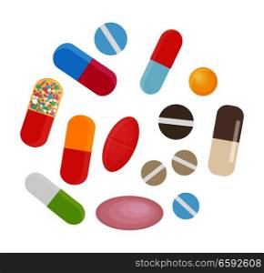 Colored pills and capsules lie in circle on white background. Cartoon medicines for different illnesses. Vitamines for good health condition. Medical treatment isolated vector illustration.. Colored Pills and Capsules. Big Medical Set Vector