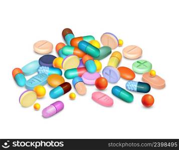 Colored pills and granules medical realistic composition on white vector illustration . Pills Medical Realistic Composition