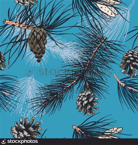 Colored pine branches and winter forest cones seamless wallpaper vector illustration