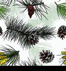 Colored pine fir branches and cones forest wood seamless pattern vector illustration