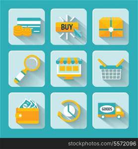 Colored pixel icons set for internet online shopping of delivery box looking glass and money wallet isolated vector illustration
