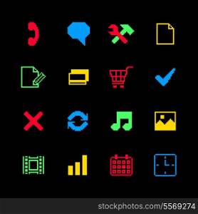 Colored pixel icons set for online shopping of cart call media payments isolated vector illustration